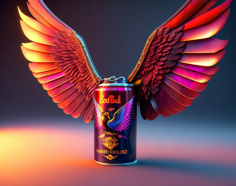 Can of Red Bull energy drink with bird...