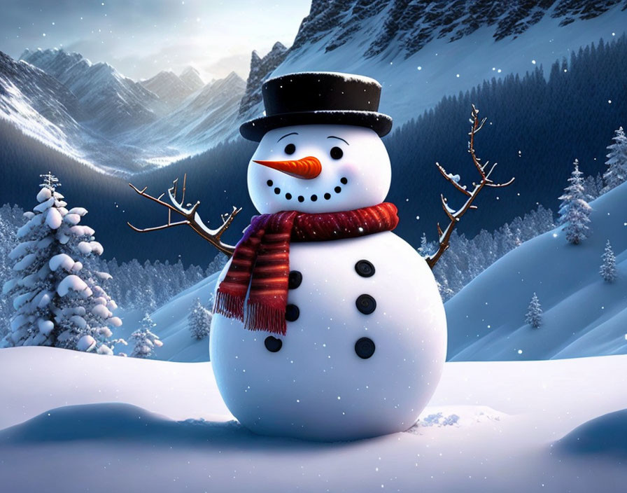 A beautiful, cartoon snowman in the snowy...