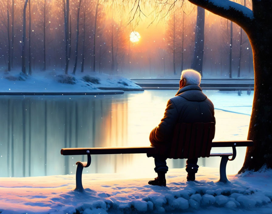 Person sitting on park bench in serene winter setting with snow-covered ground and frozen lake.
