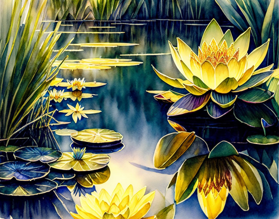 pond, water, reflection, yellow water lilies...