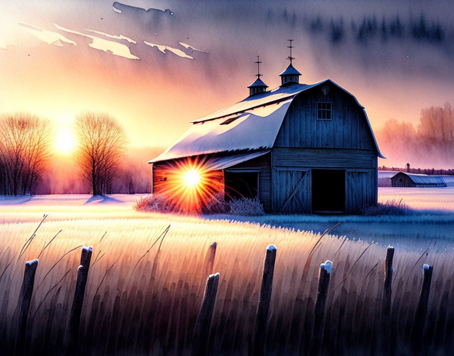  Field, barn, frost, cold morning, sunrise ...