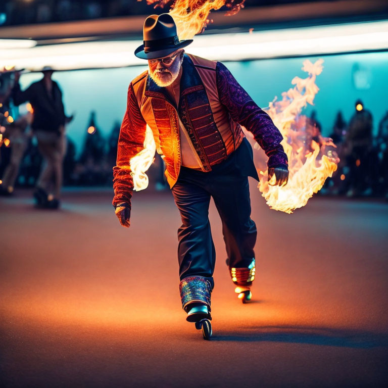 middle-aged man fire dance on roller skates!