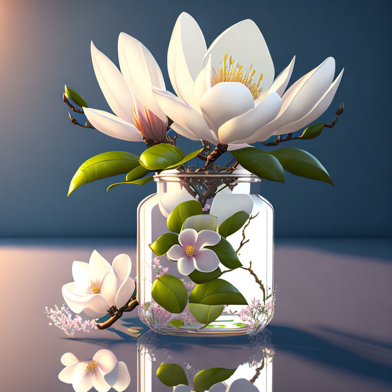  transparent glass jar with blooming magnolia...