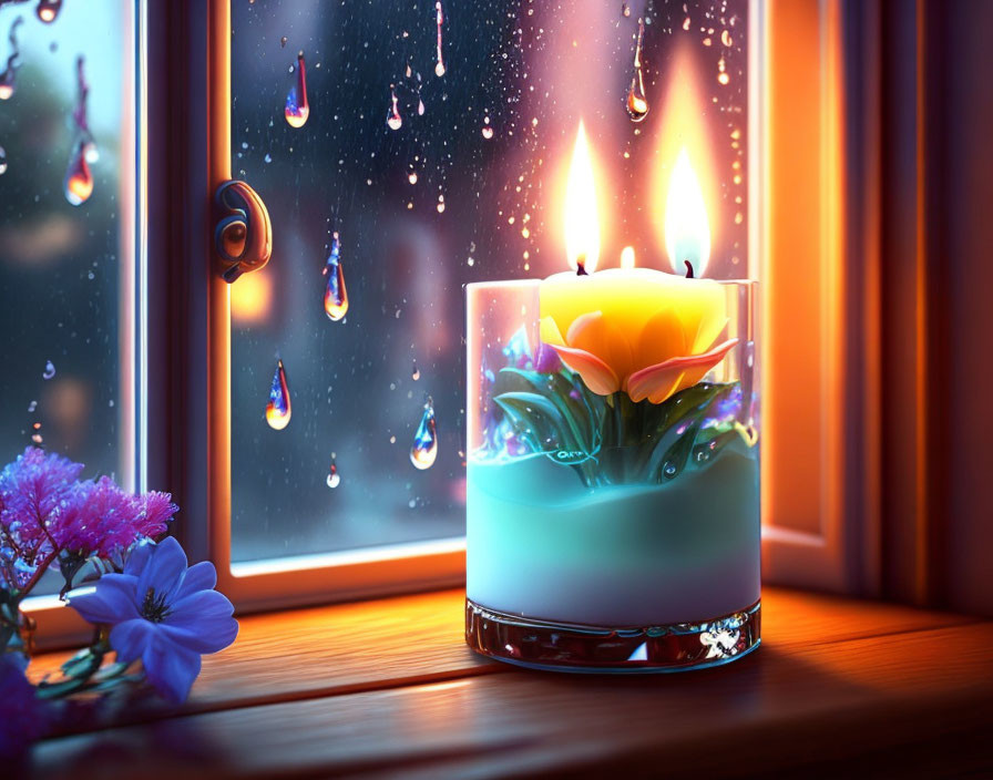 Flame-shaped flower candle with raindrops and purple flowers by window