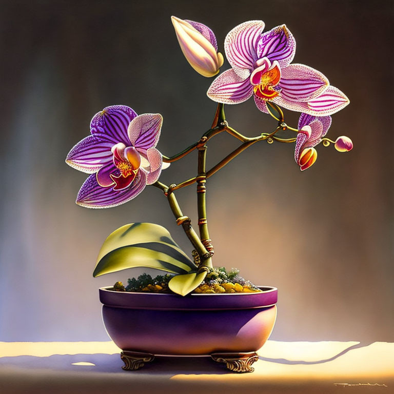 Purple orchid illustration in matching pot on soft-focus background