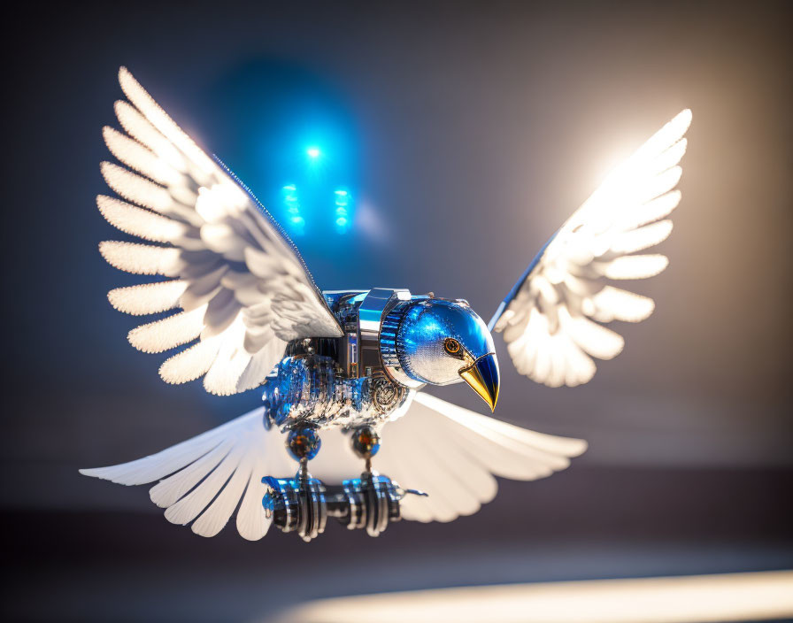 Blue mechanical bird with white feathers in mid-flight on blurred background.