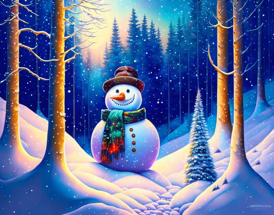 Fantastic fantasy snowman in a spruce forest...