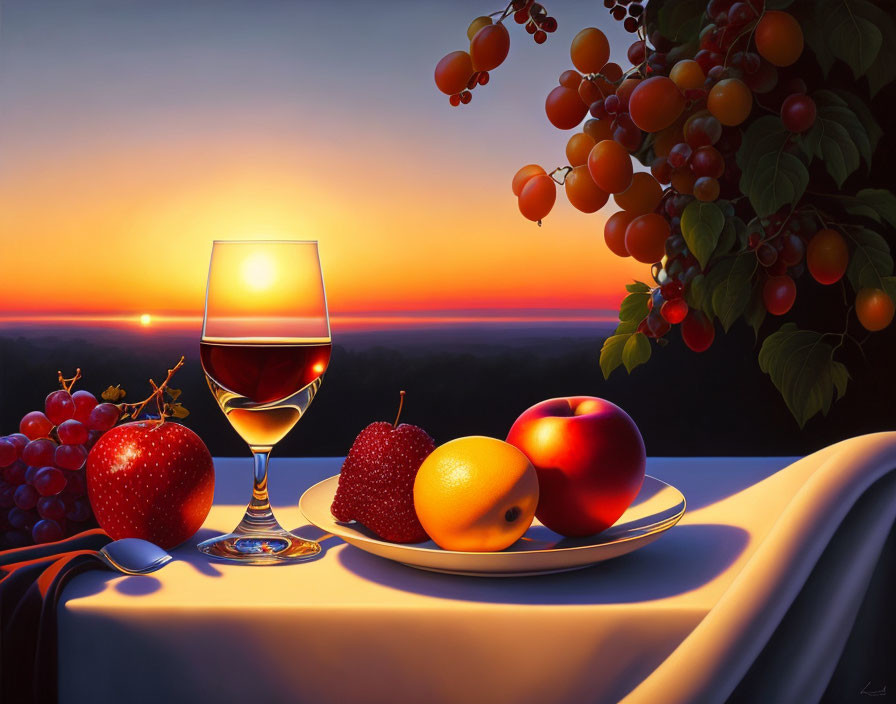  Fruit and wine still life against a sunset sky...