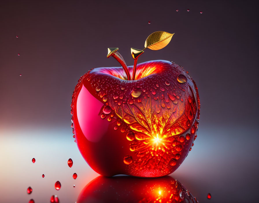  photorealistic bold red apple backlit by a sunset