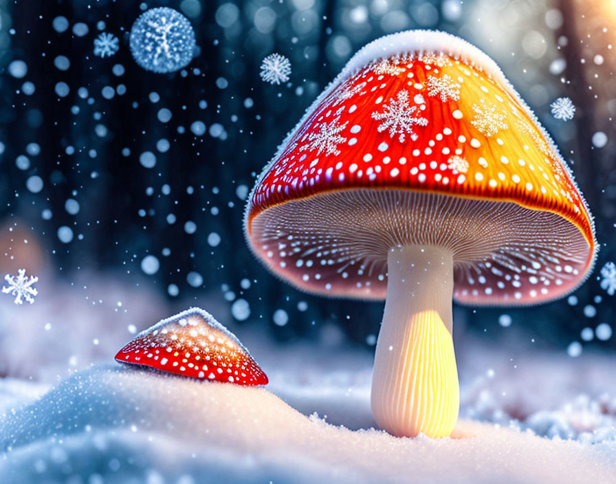 Fly agaric mushroom half covered with snow...