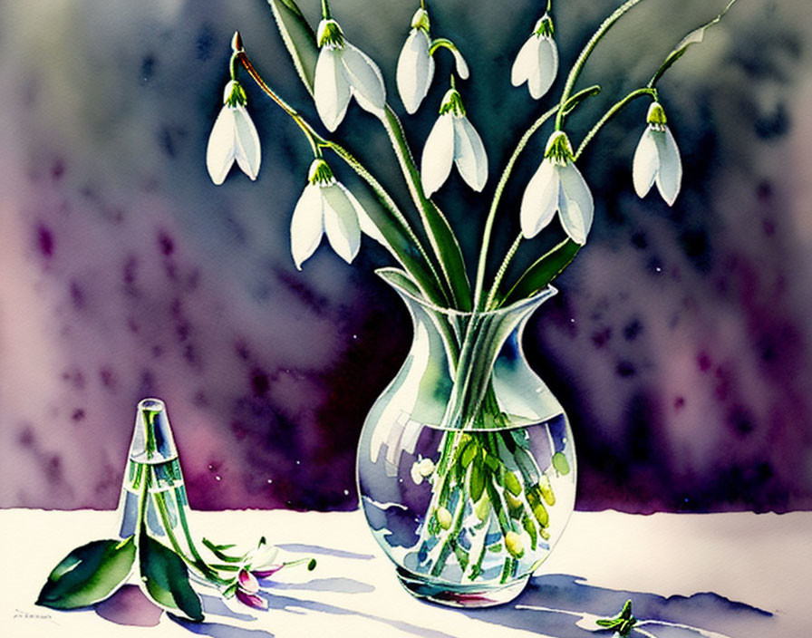Snowdrop Flowers Watercolor Painting with Vase and Purple Background