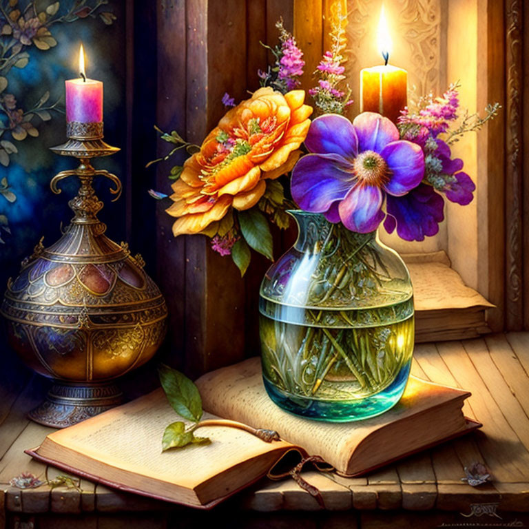 Vase of flowers, book and candle on a table...