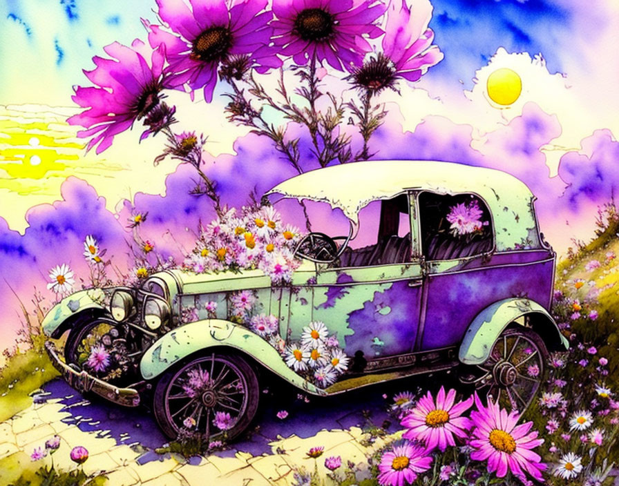 Vintage Car Adorned with Flowers in Colorful Meadow at Sunset