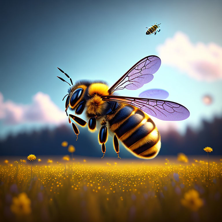  a bee in flight in a meadow, the whole body ..