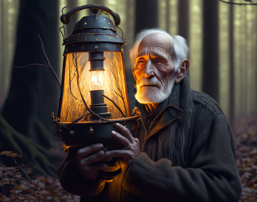 An Old wonky man holding an old jack-on lantern ..