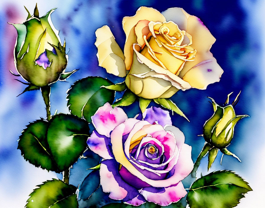 Colorful watercolor painting of yellow and purple roses on blue background