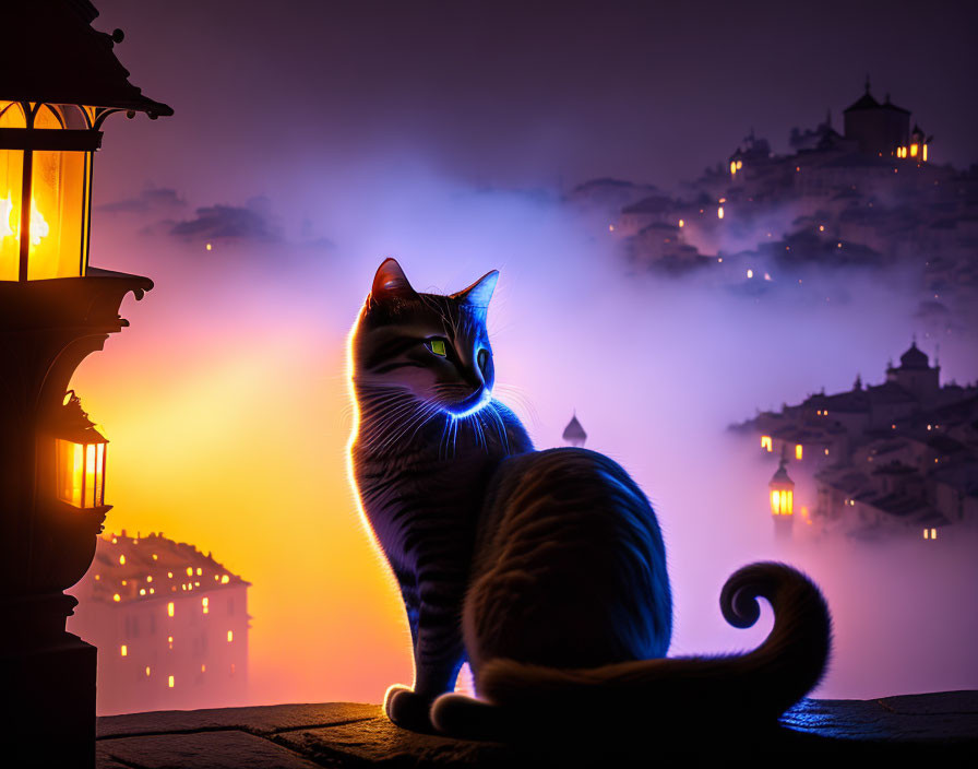 Silhouetted cat by lantern in colorful dusk sky and misty cityscape