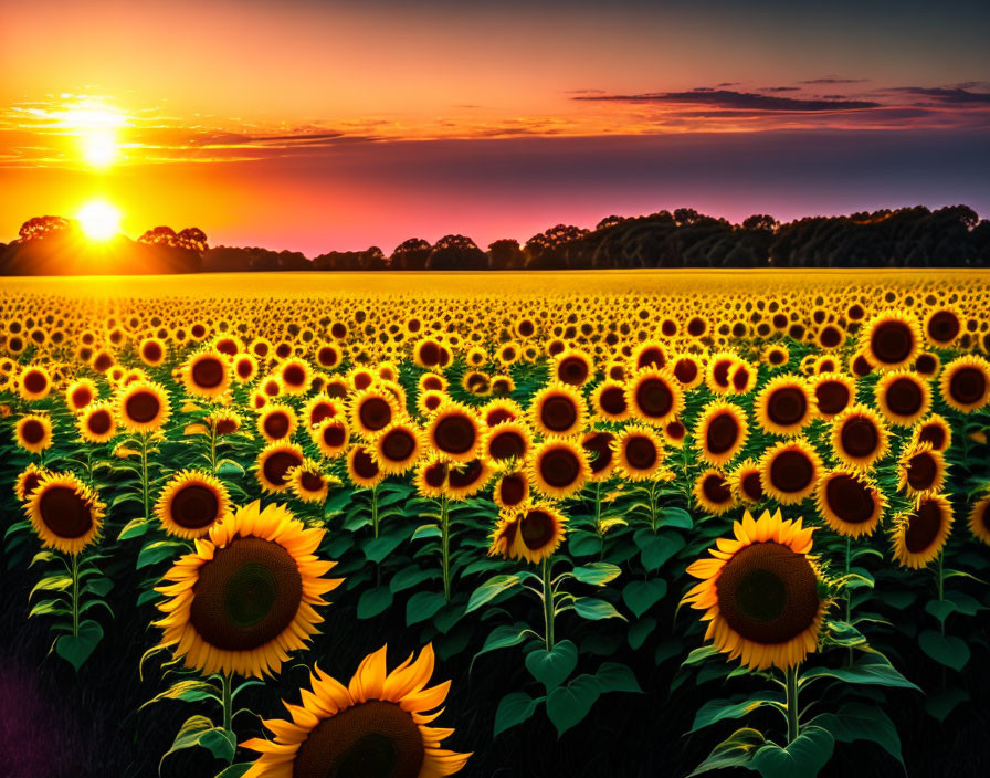 Sunset casting golden light over blooming sunflowers and trees