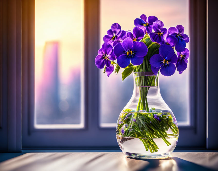 On the window is a bouquet of violets in a glass..
