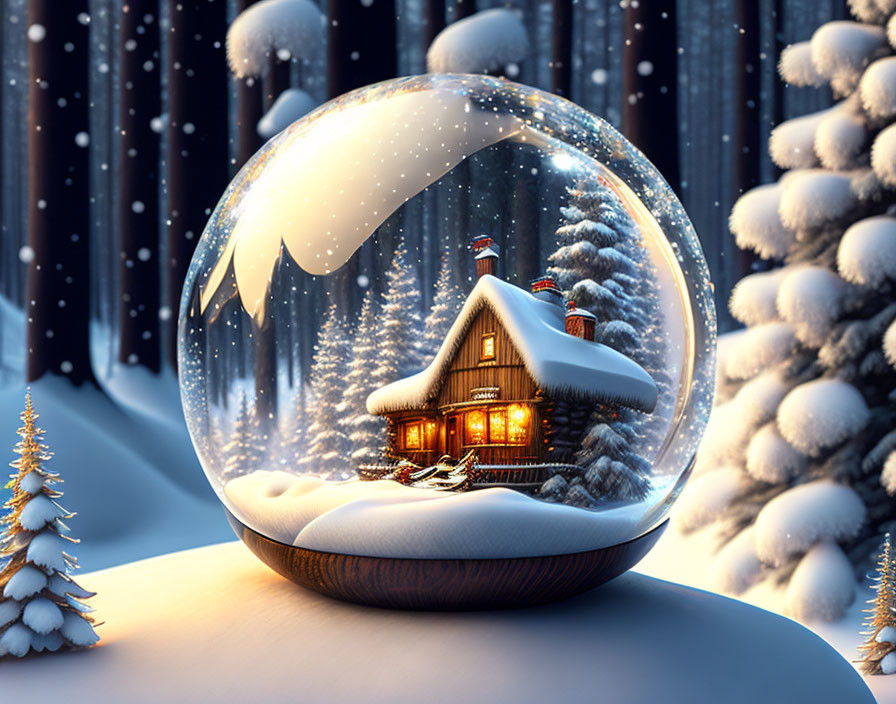 Snowy glass snow globe with cozy cabin, pine trees, starry night sky