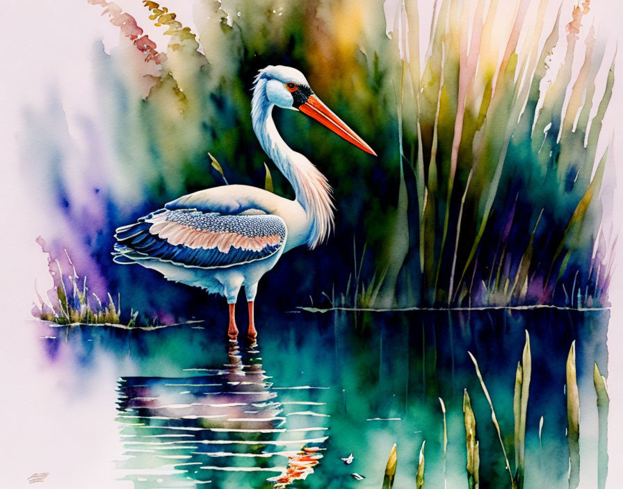 Ukrainian stork stands knee-deep in a pond!