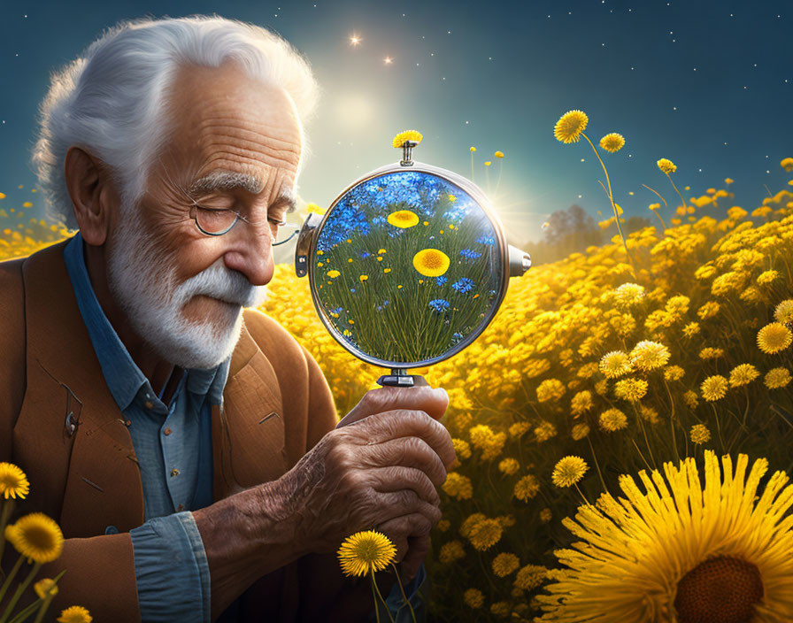 Elderly man with magnifying glass examining flower in field at twilight
