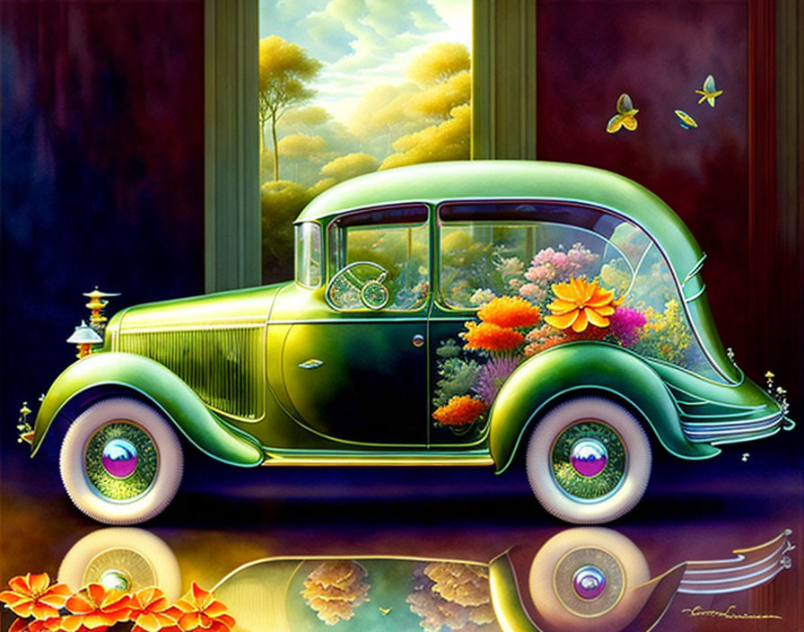 Colorful illustration of green car with flowers, butterflies, and whimsical backdrop