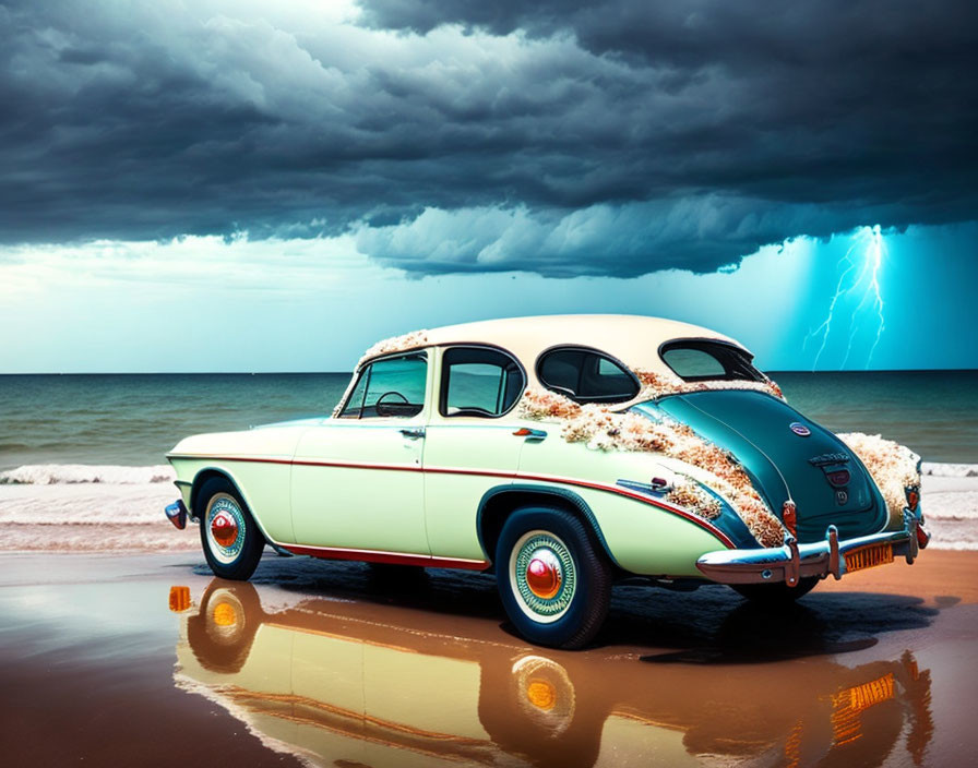  beach scene after the thunderstorm, vintage car..