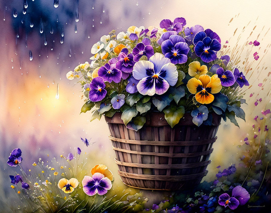 Basket of pansies, Rain-soaked, picturesque....