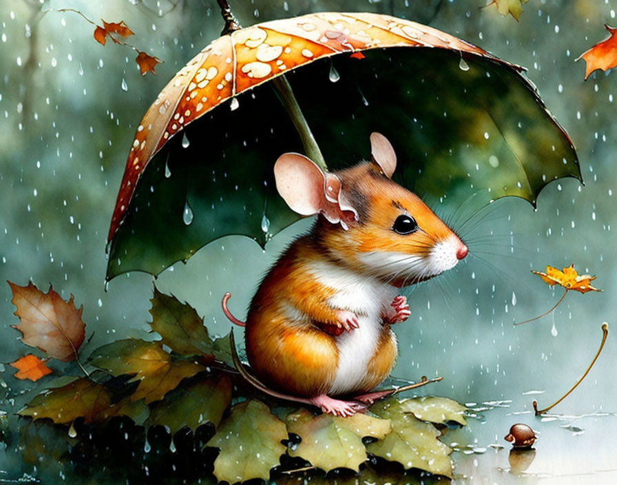 A cute little mouse sitting in the rain under...