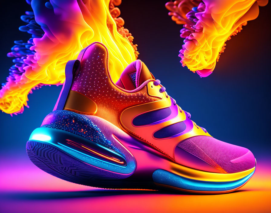 Colorful Sneaker with Flame Heel on Neon Gradient Background