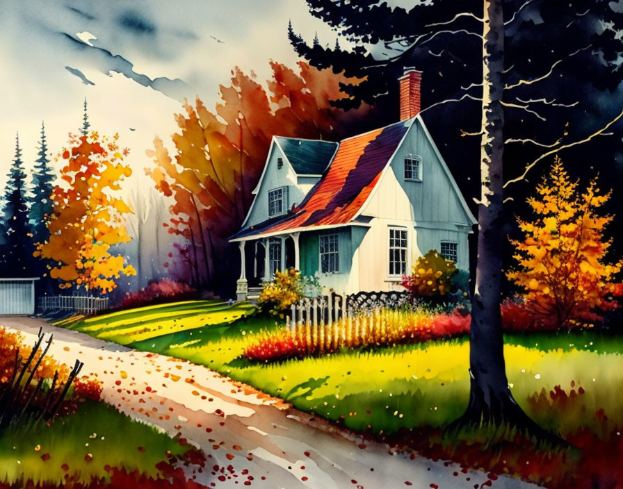 A country home in autumn surrounded by colourful .