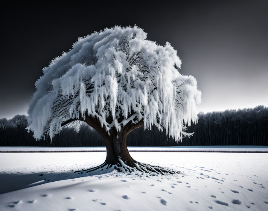 bare limbed oak tree in a field of snow...