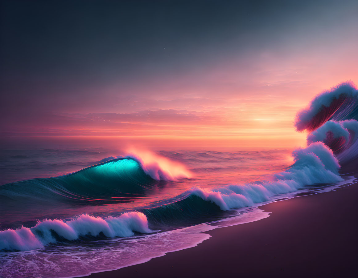 Colorful sunset over ocean with teal waves and pink-purple sky