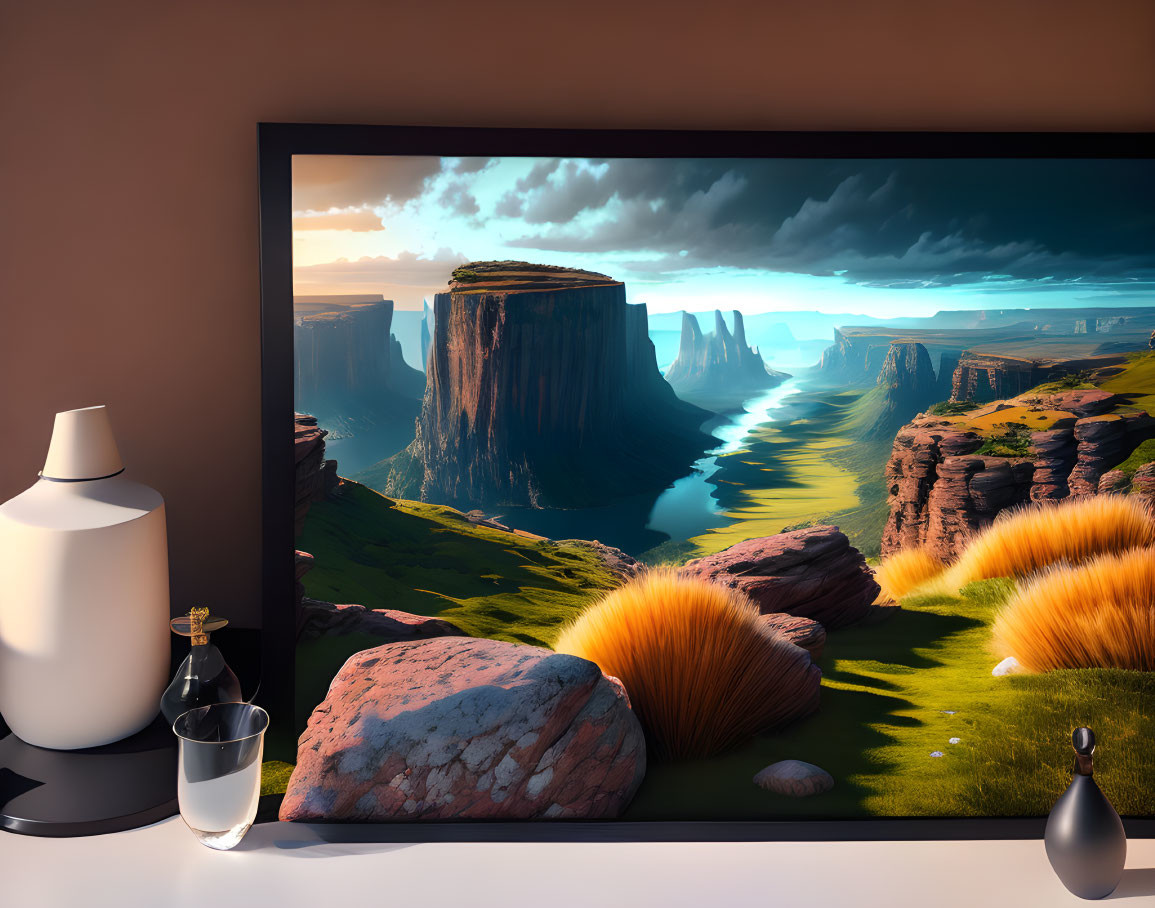Digital landscape scene: majestic cliffs, winding river, fluffy grasses on TV with lamp and vase.