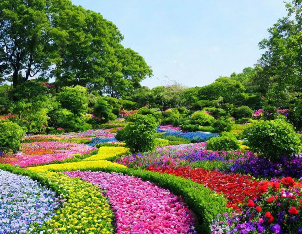 Colorful Flower Garden with Curving Patterns and Lush Green Trees