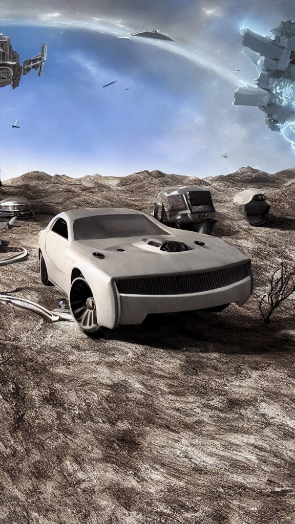 Futuristic vehicle on barren rocky landscape with spacecraft in sky