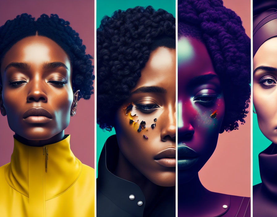 Colorful Lighting and Artistic Makeup Three-Panel Portrait of Woman