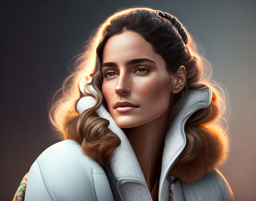 Digital artwork of woman with brown hair in white fur-lined coat