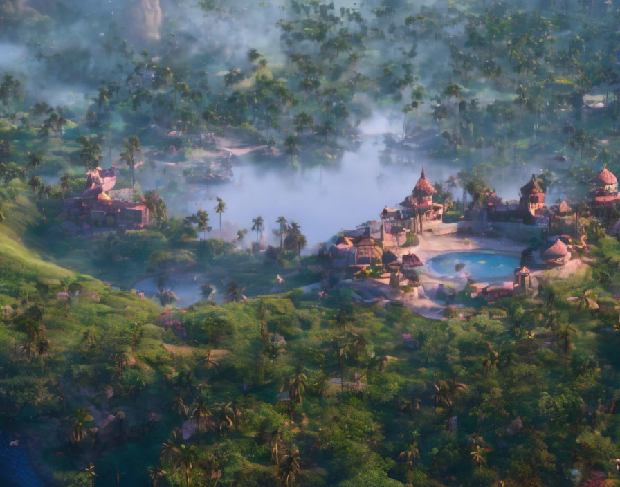 Traditional village in lush greenery with morning mist and warm light