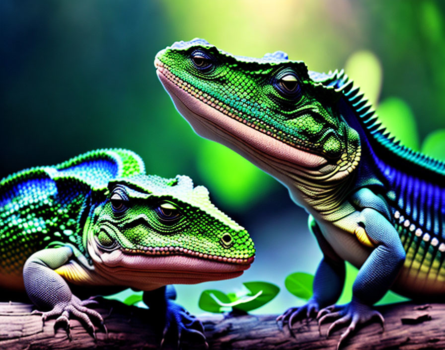 Vibrantly colored digital art alligators with blurred greenery backdrop