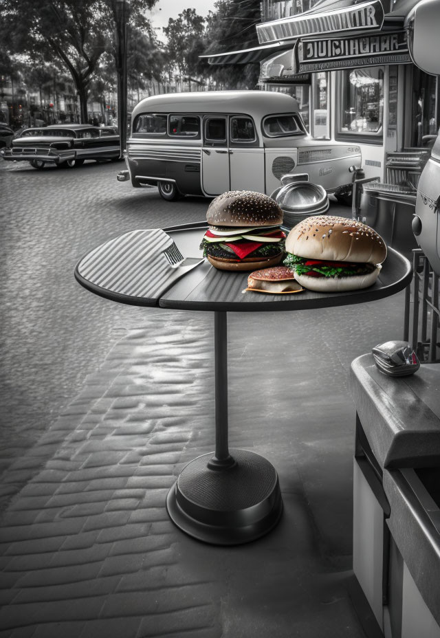 Vintage van and diner facade with two burgers on round table in grayscale scene with food color splash.