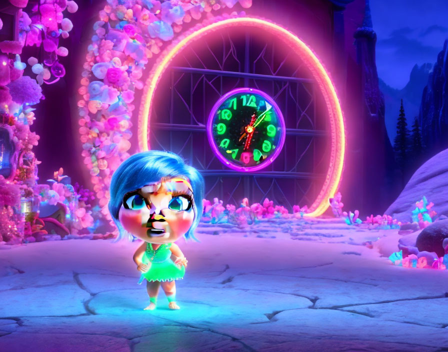 Blue-haired animated character in neon-lit fantasy world with giant glowing clock