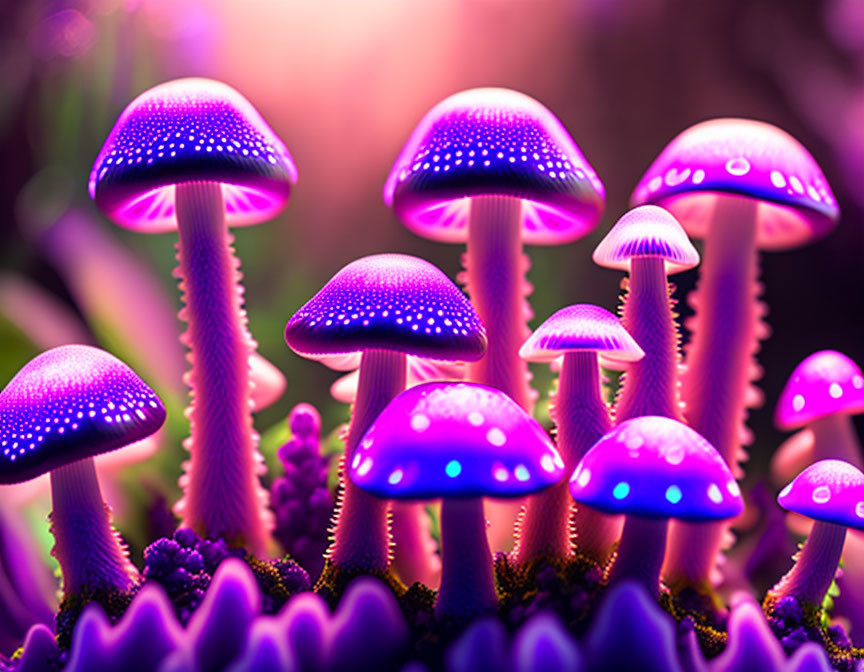 Neon-lit purple bioluminescent mushrooms on dark background