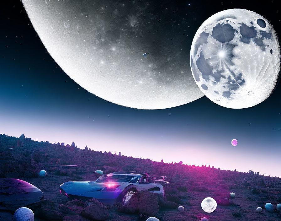 Futuristic car with glowing lights on alien landscape with moons.
