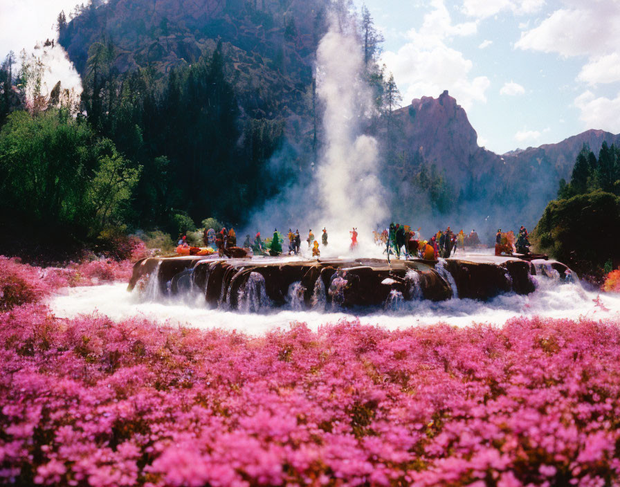 People crossing natural bridge surrounded by pink flowers and misty mountains