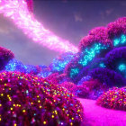 Colorful landscape with glowing vegetation and pink energy beam