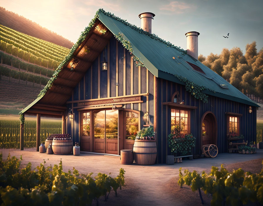 Rustic winery surrounded by vineyards and large barrels