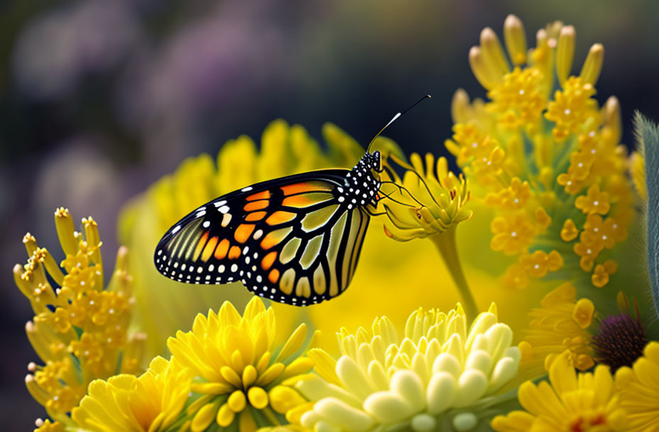 Monarch Butterfly on Yellow Flowers with Blurred Background
