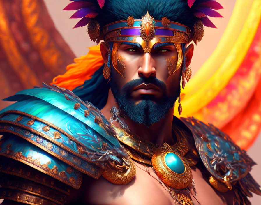 Male character in feathered headdress and detailed armor on warm backdrop - vibrant blues and golds